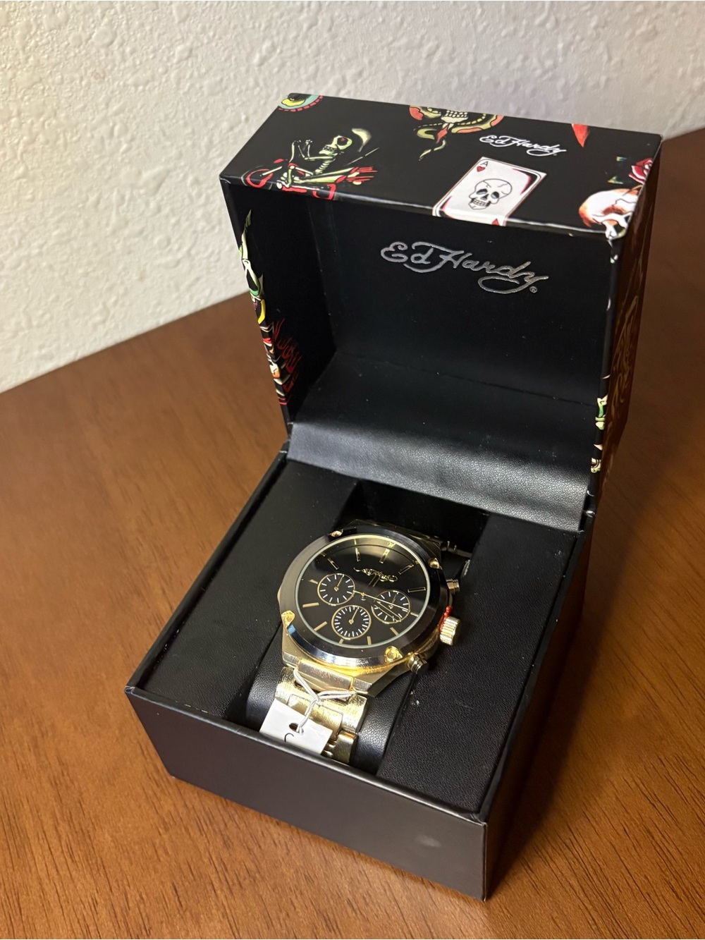 Ed Hardy Gold Tone Chronograph Style Watch NWT w/ Original Tattoo Box